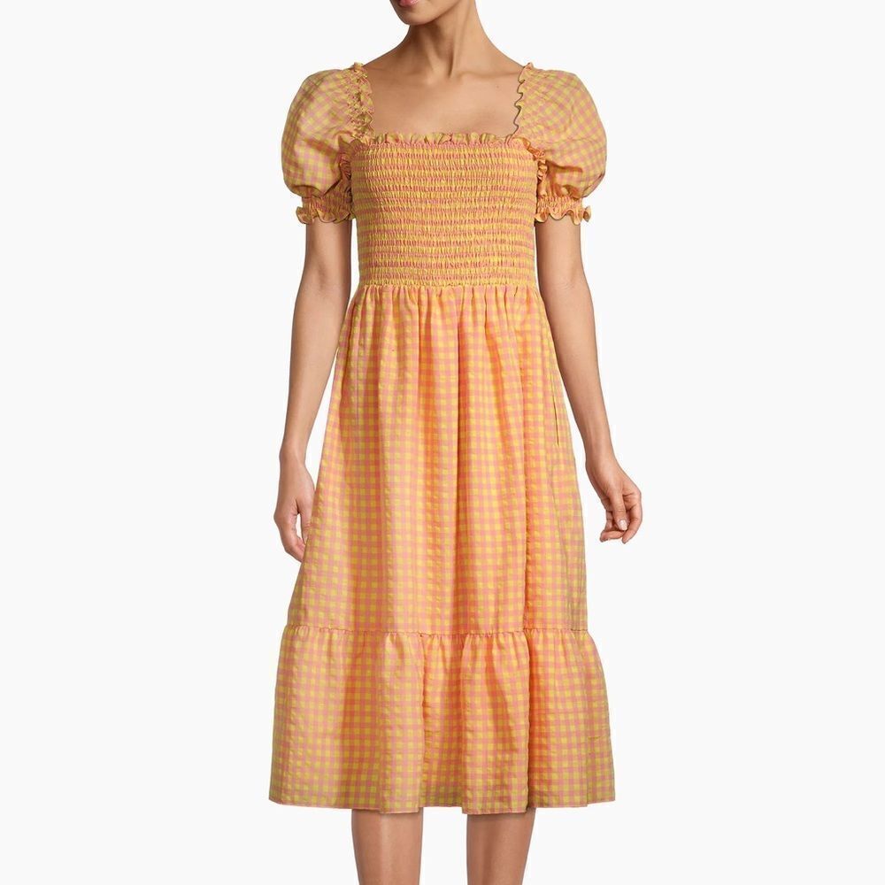Rachel Parcell Smocked Gingham-Printed Midi-Dress size large